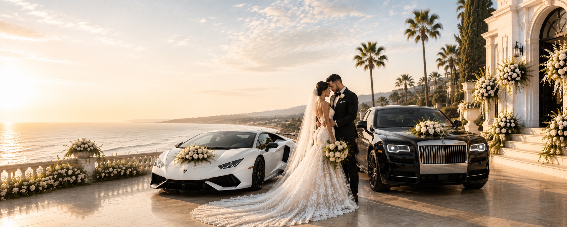 Prestige Luxor luxury wedding experience with a bride, groom, Lamborghini, Rolls-Royce, and Ferrari at a coastal venue